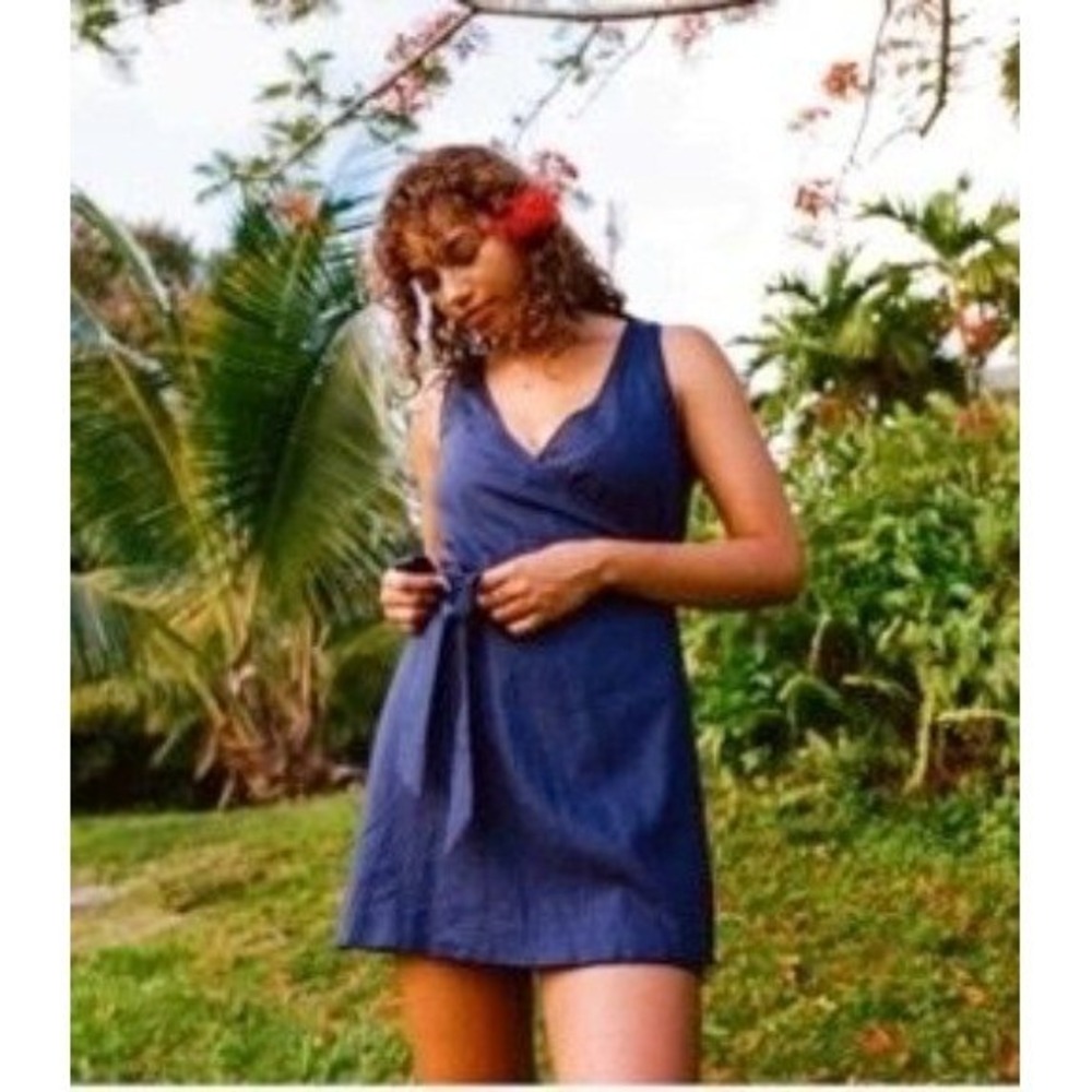 NEW Andie Swim Navy Blue Linen Sleeveless V-Neck Wrap Mini Dress Large Coverup - Picture 2 of 2
